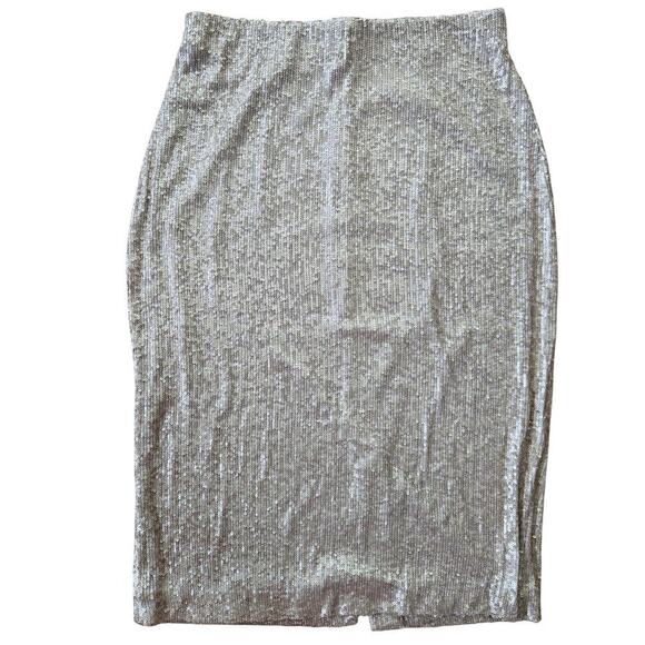 DR2 Women's Champagne Sequin Midi Skirt Medium Glam High Waist Stretch Pencil - Picture 2 of 11